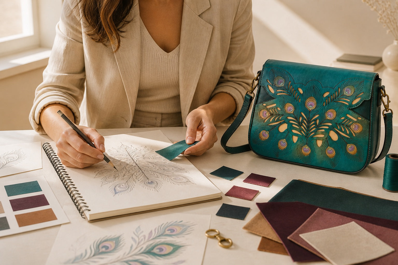 Conceptual editorial scene of a designer developing the Peacock Bag