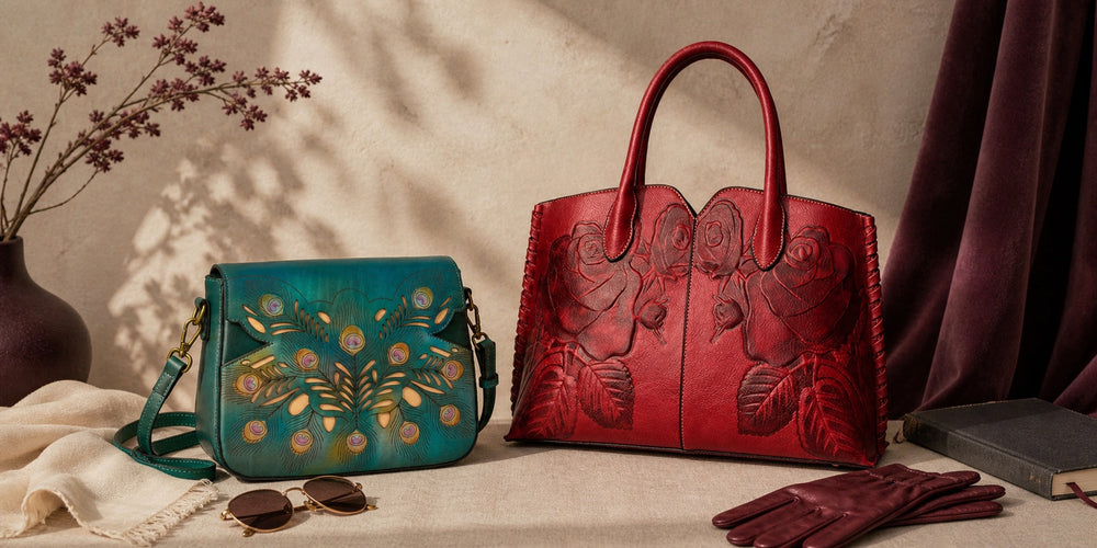 Teal peacock crossbody and red embossed rose tote in a warm ivory editorial still life