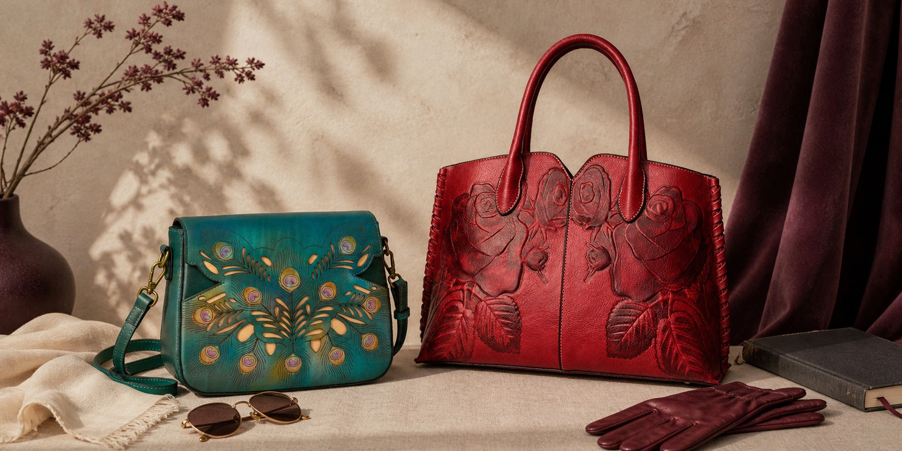 Teal peacock crossbody and red embossed rose tote in a warm ivory editorial still life