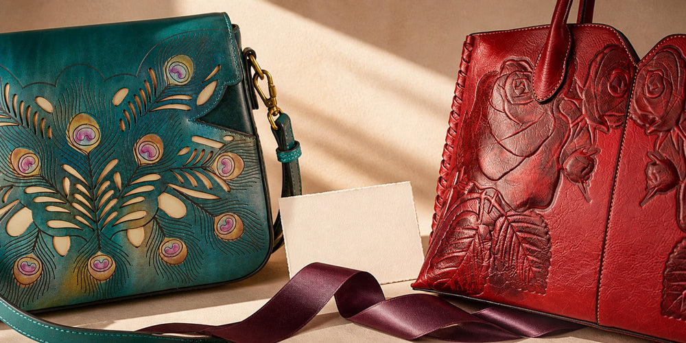 Close editorial study of teal peacock and red rose embossed bag surfaces in warm raking light