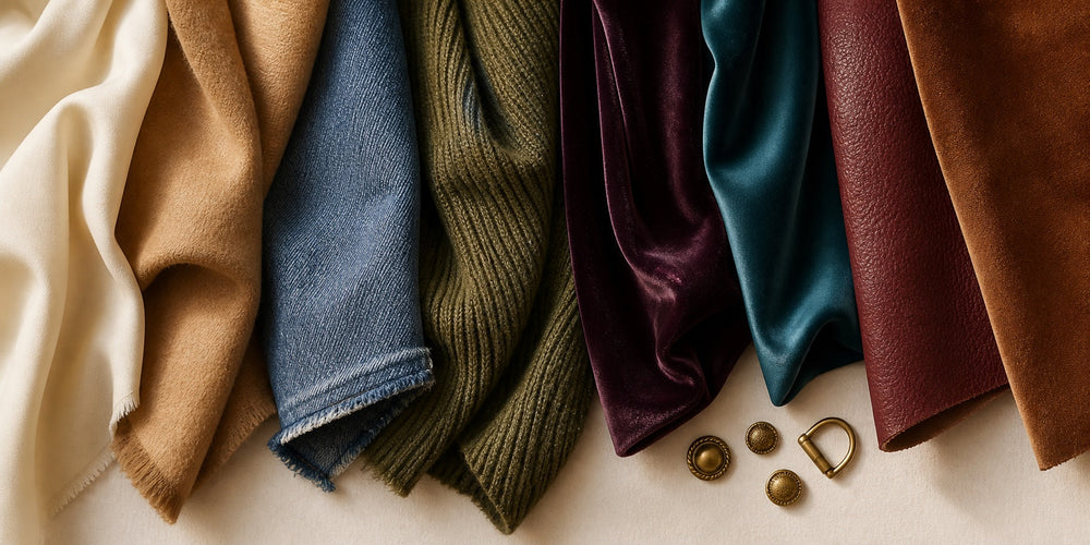 Autumn color study with teal, red-brown, olive, camel, ivory, denim blue, and plum textiles