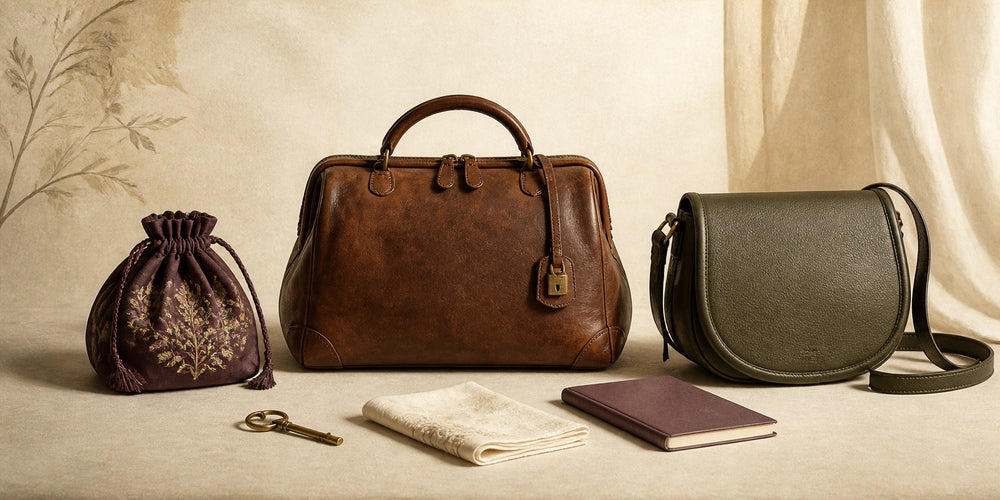 Historically inspired still life of a drawstring purse, vintage travel bag, and modern crossbody bag