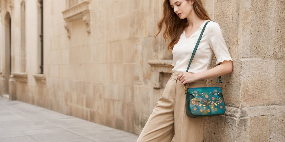 Woman in a light neutral outfit wearing a teal peacock-inspired crossbody bag beside warm stone architecture