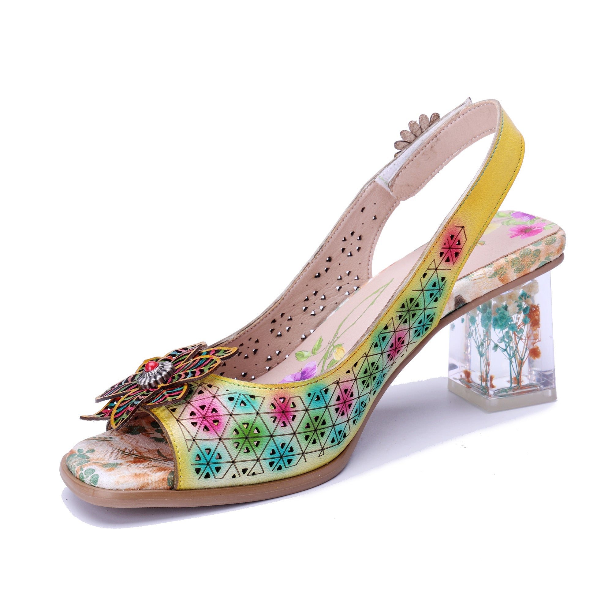Floral and Clear Heel Slingback Sandals