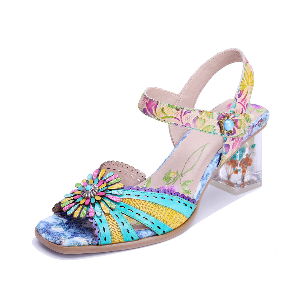 Vibrant Floral Transparent Heel Sandals