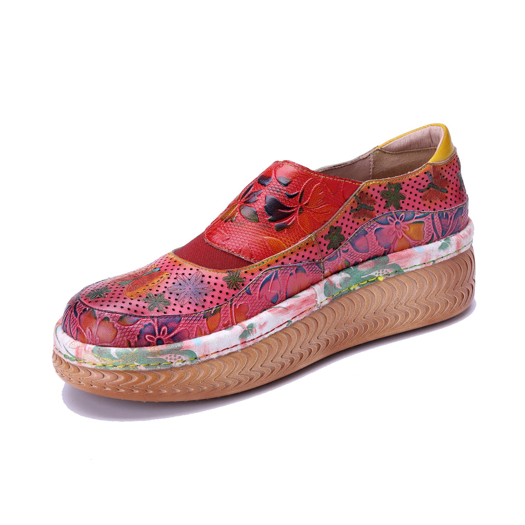 Red Floral-Pattern Platform Slip-On Shoes