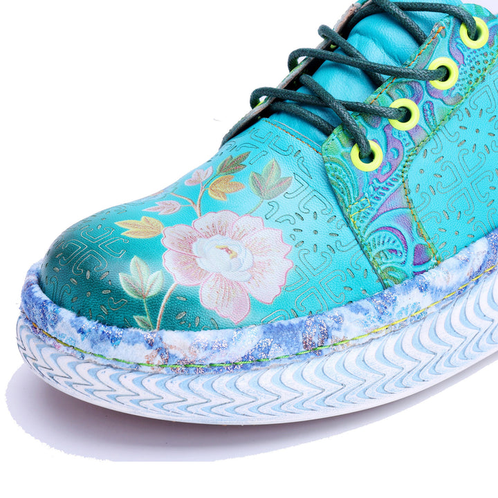 Turquoise Floral Platform Lace-Up Sneakers