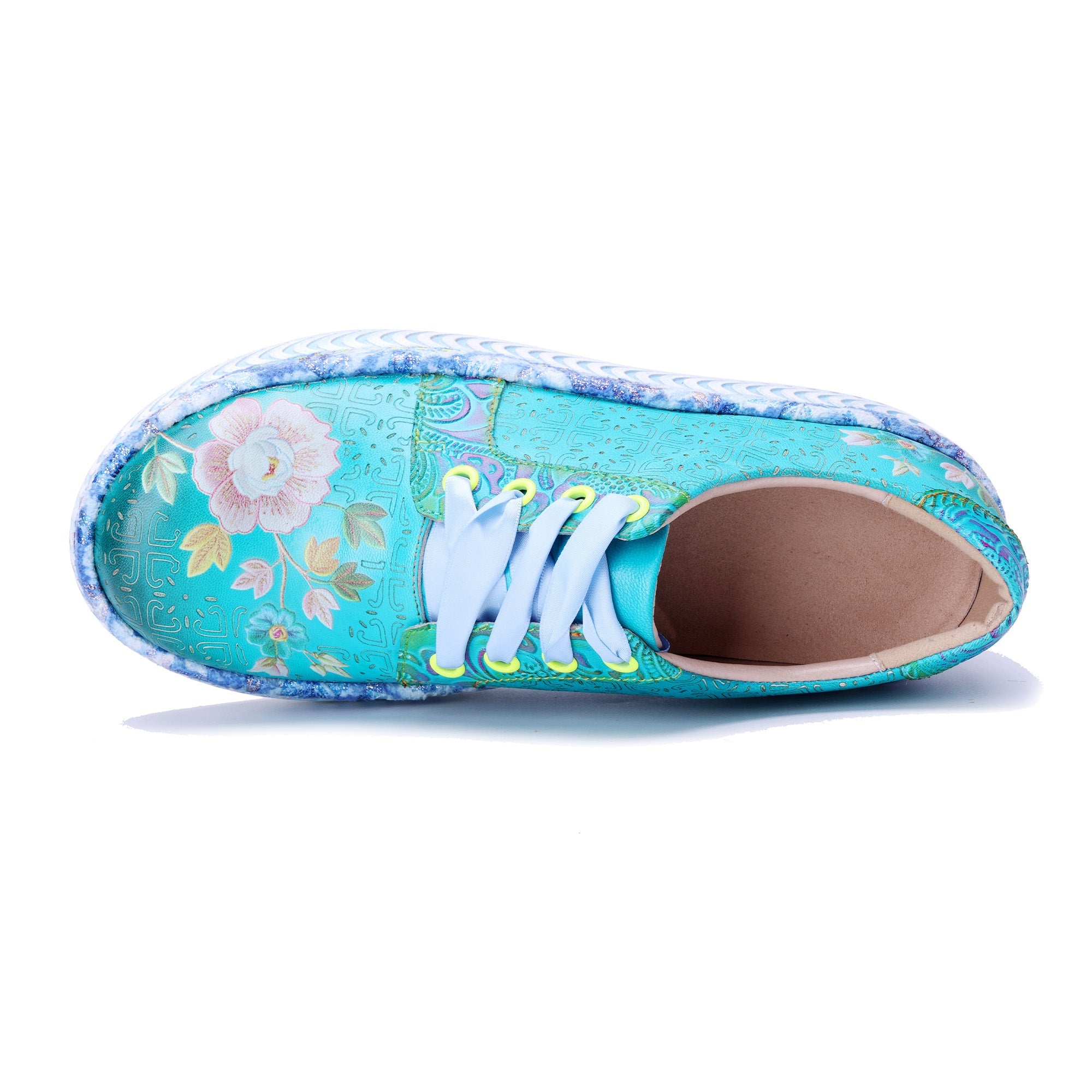 Turquoise Floral Platform Lace-Up Sneakers