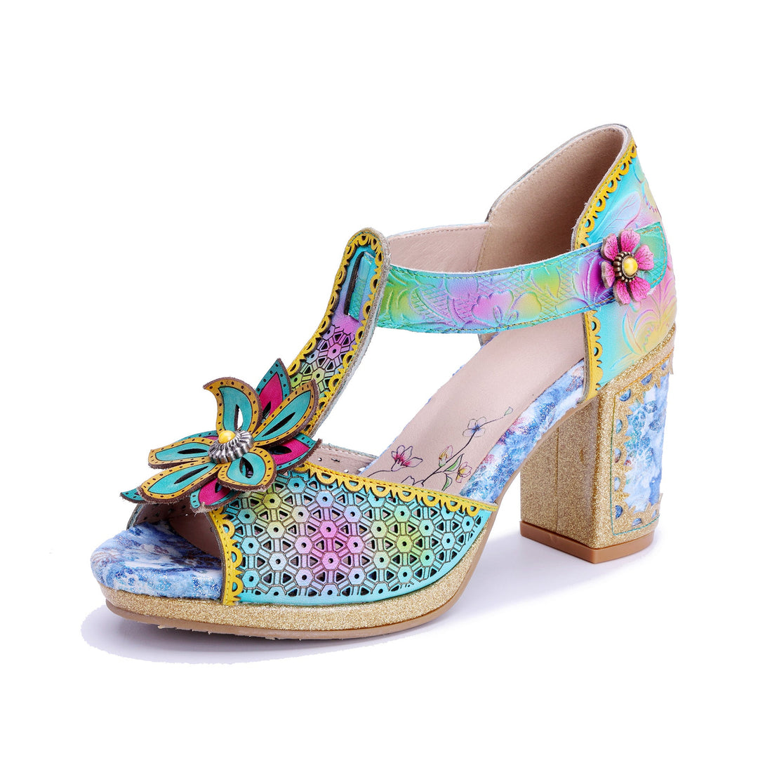 Multicolor Floral T-Strap Sandals