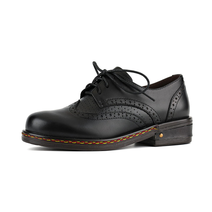 Classic Brogue Leather Lace-Up Flat Shoes
