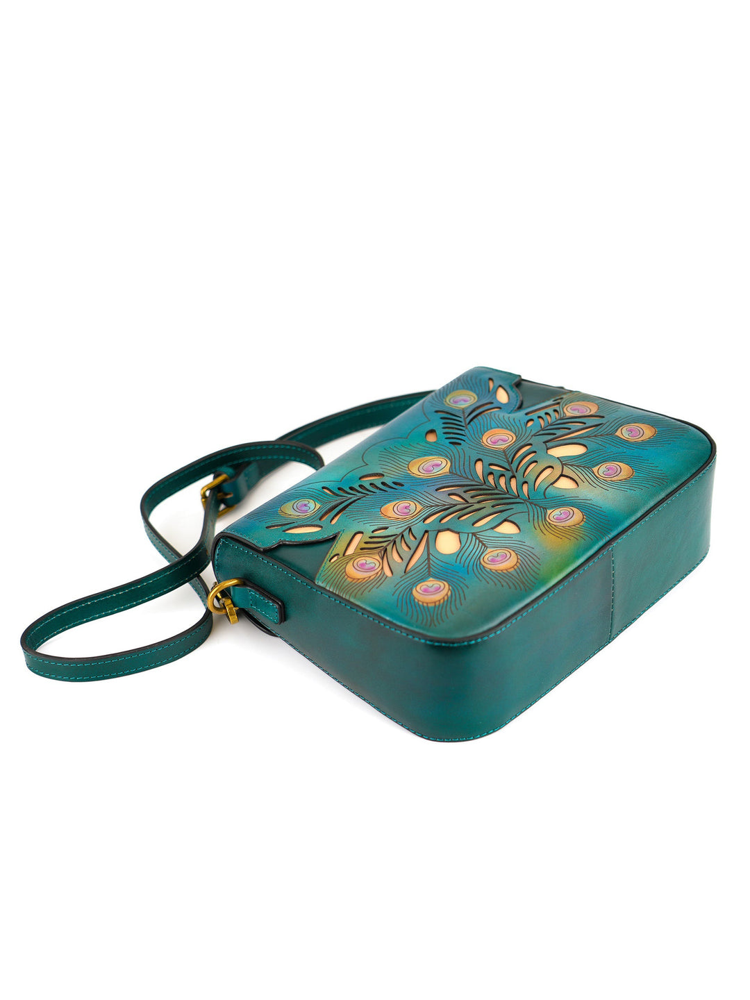 Peacock Feather Embossed Ombre Leather Crossbody Bag