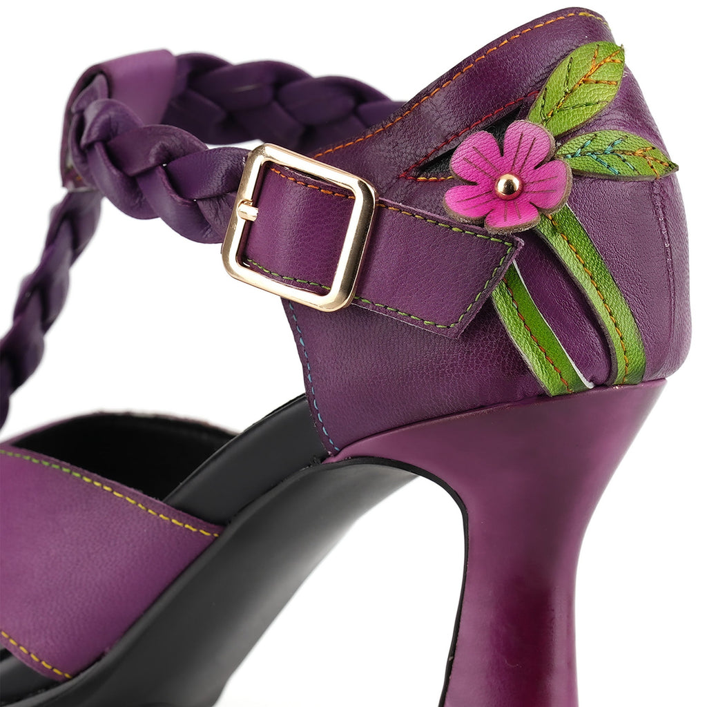 Floral Braided T-Strap High-Heeled Sandals