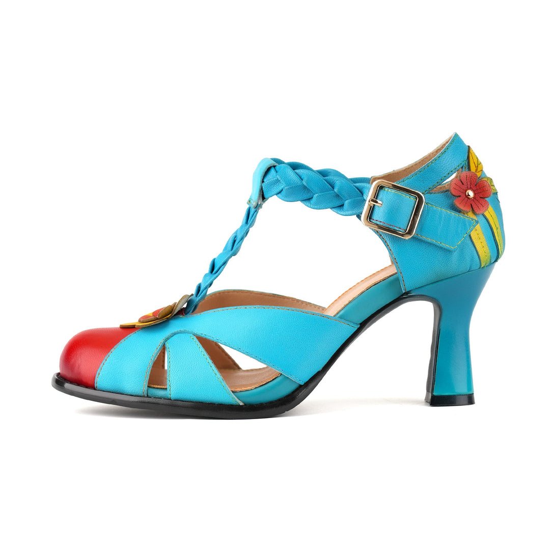 Floral Braided T-Strap High-Heeled Sandals