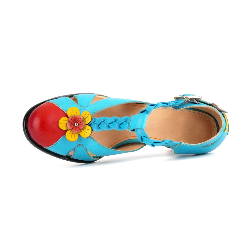 Floral Braided T-Strap High-Heeled Sandals