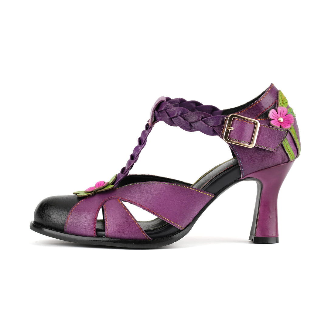 Floral Braided T-Strap High-Heeled Sandals