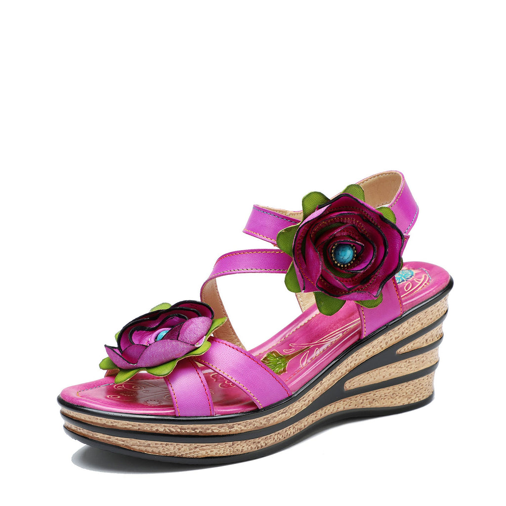 Printed Leather Handmade Romantic Rose Sandals
