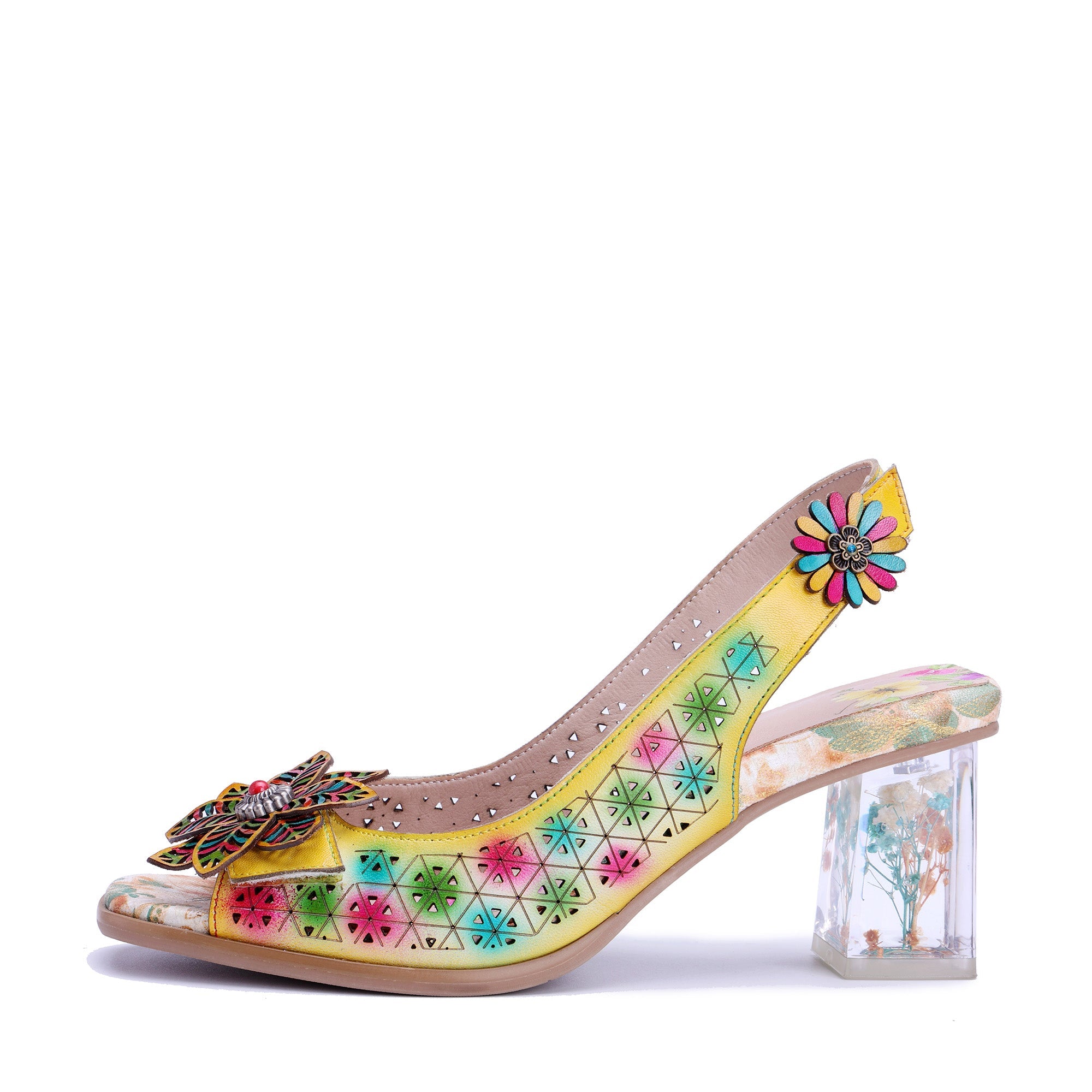 Floral and Clear Heel Slingback Sandals