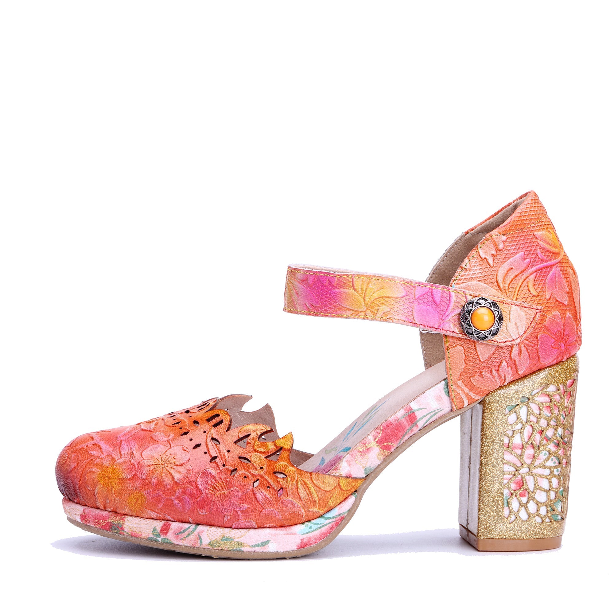 Peach Floral Engraved Chunky Heel Sandals