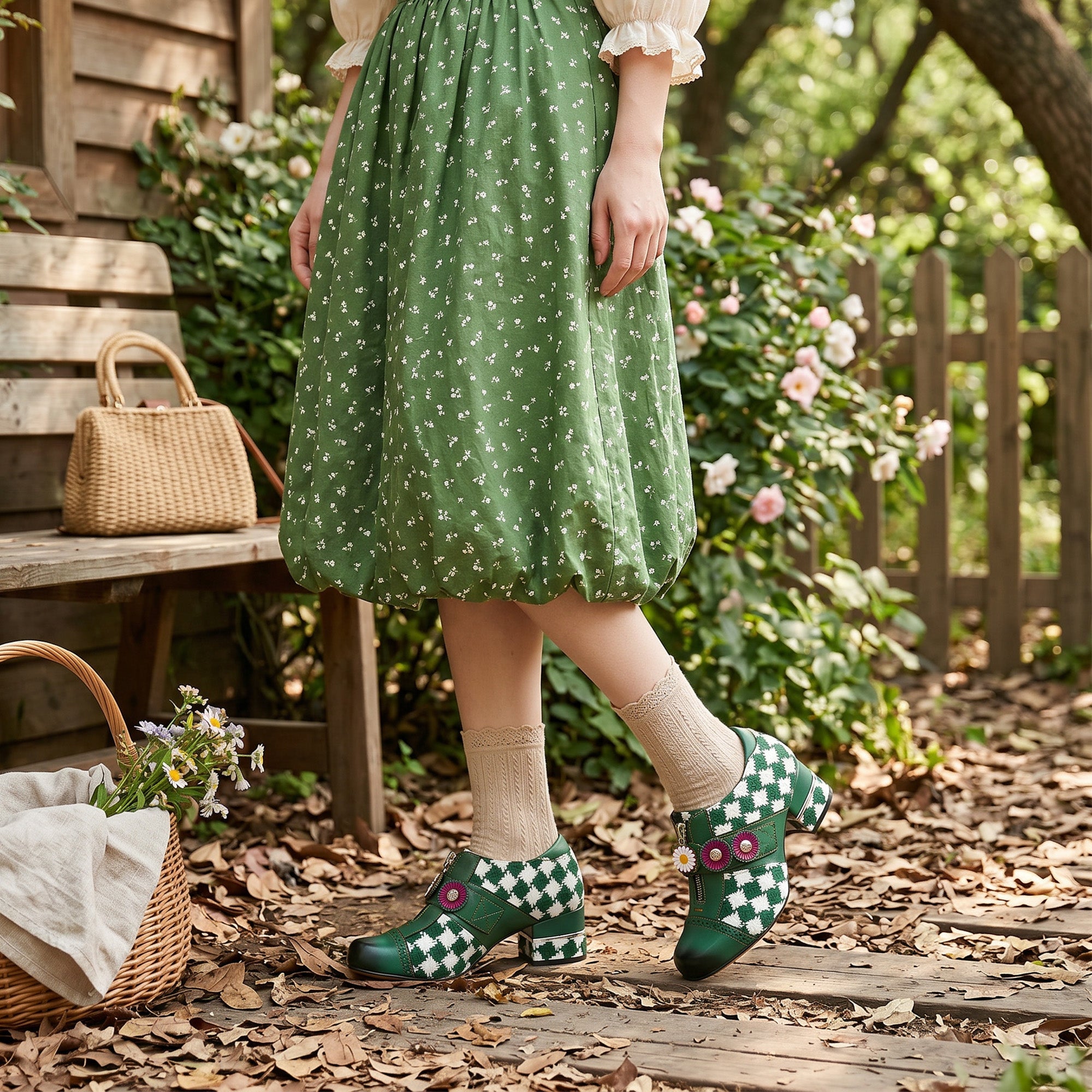 Enchanted Christmas Green Check Block Heels with Rosette Buttons & Easy Zip