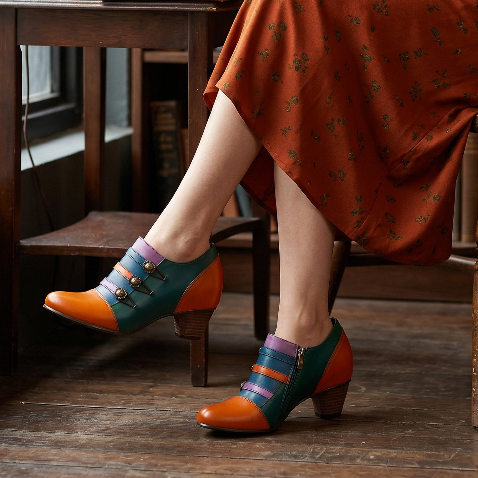 Vintage Colorblock Decorative Buttons Pumps