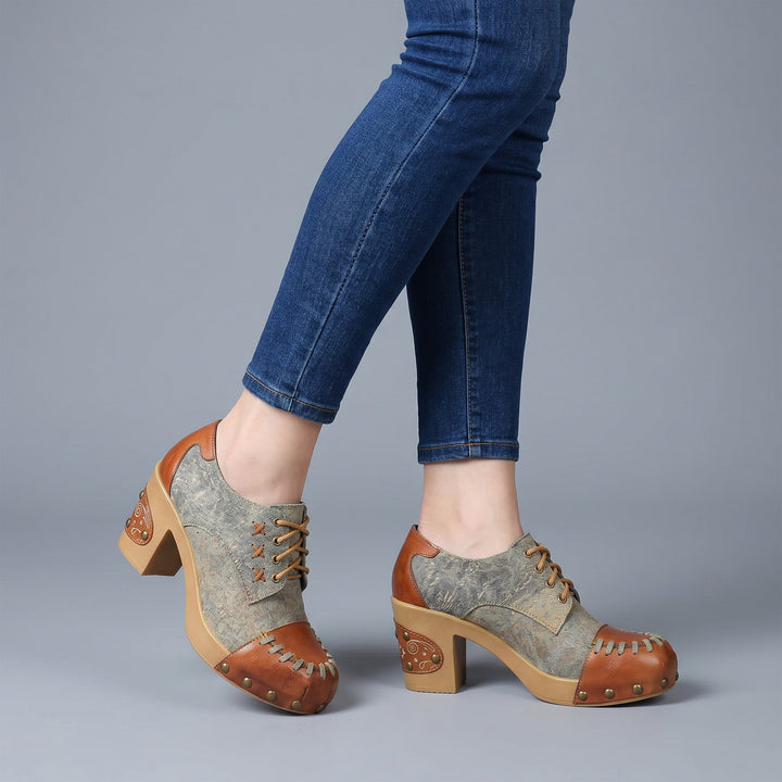 Retro Handmade Rivet Comfort Block Heel Pumps