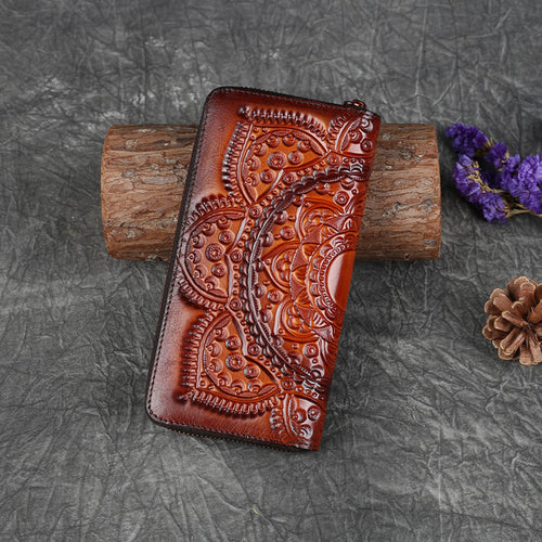 Embossed Zipper Cowhide Vintage Leather Wallet