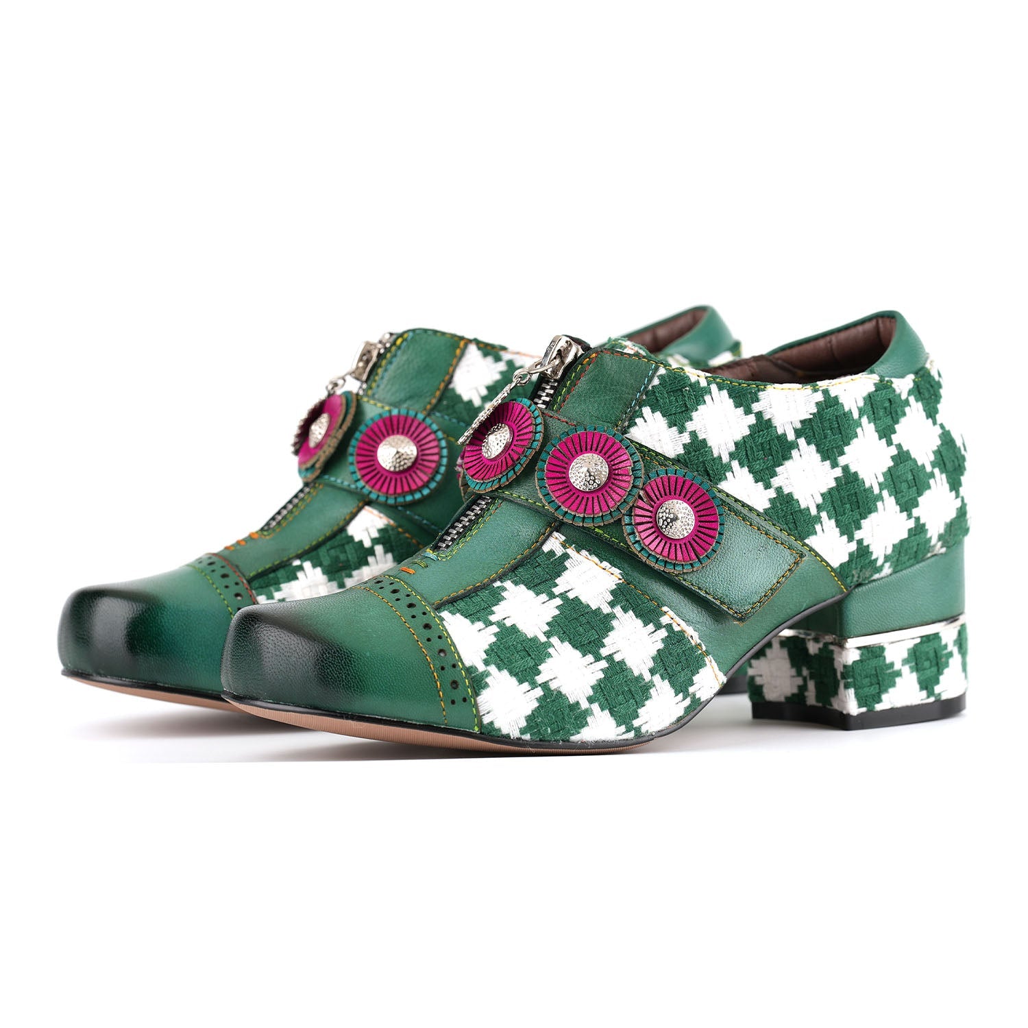 Enchanted Christmas Green Check Block Heels with Rosette Buttons & Easy Zip