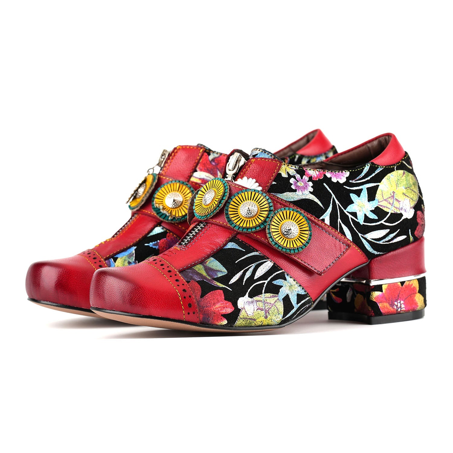 Enchanted Christmas Green Check Block Heels with Rosette Buttons & Easy Zip