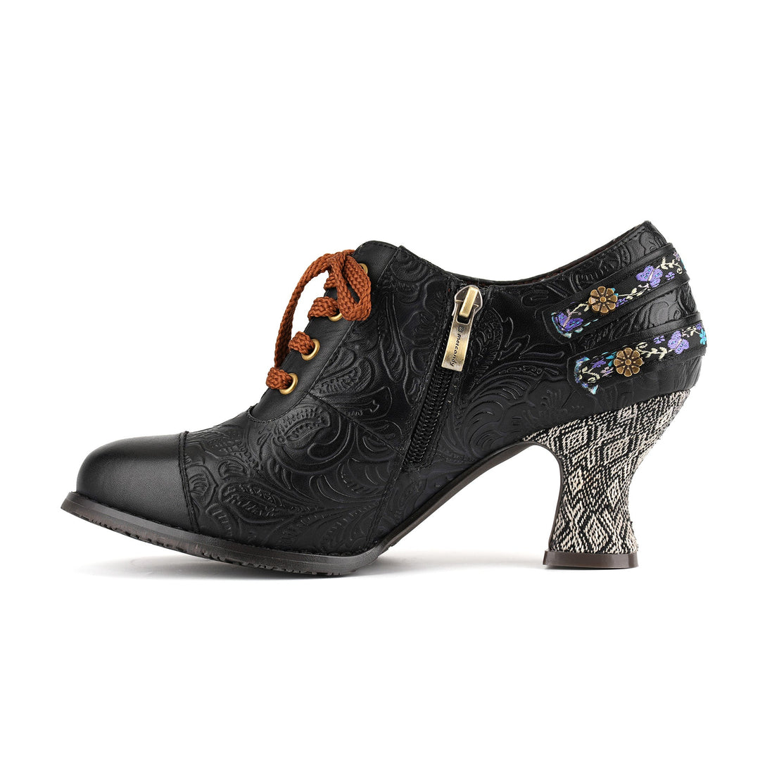 Floral Embossed Lace-Up Heels
