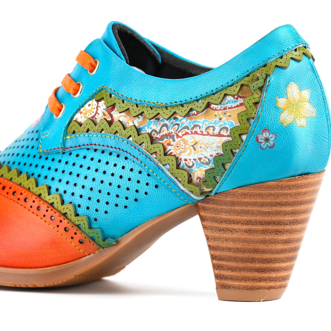 Bohemian Perforated Mid-Heel Oxfords