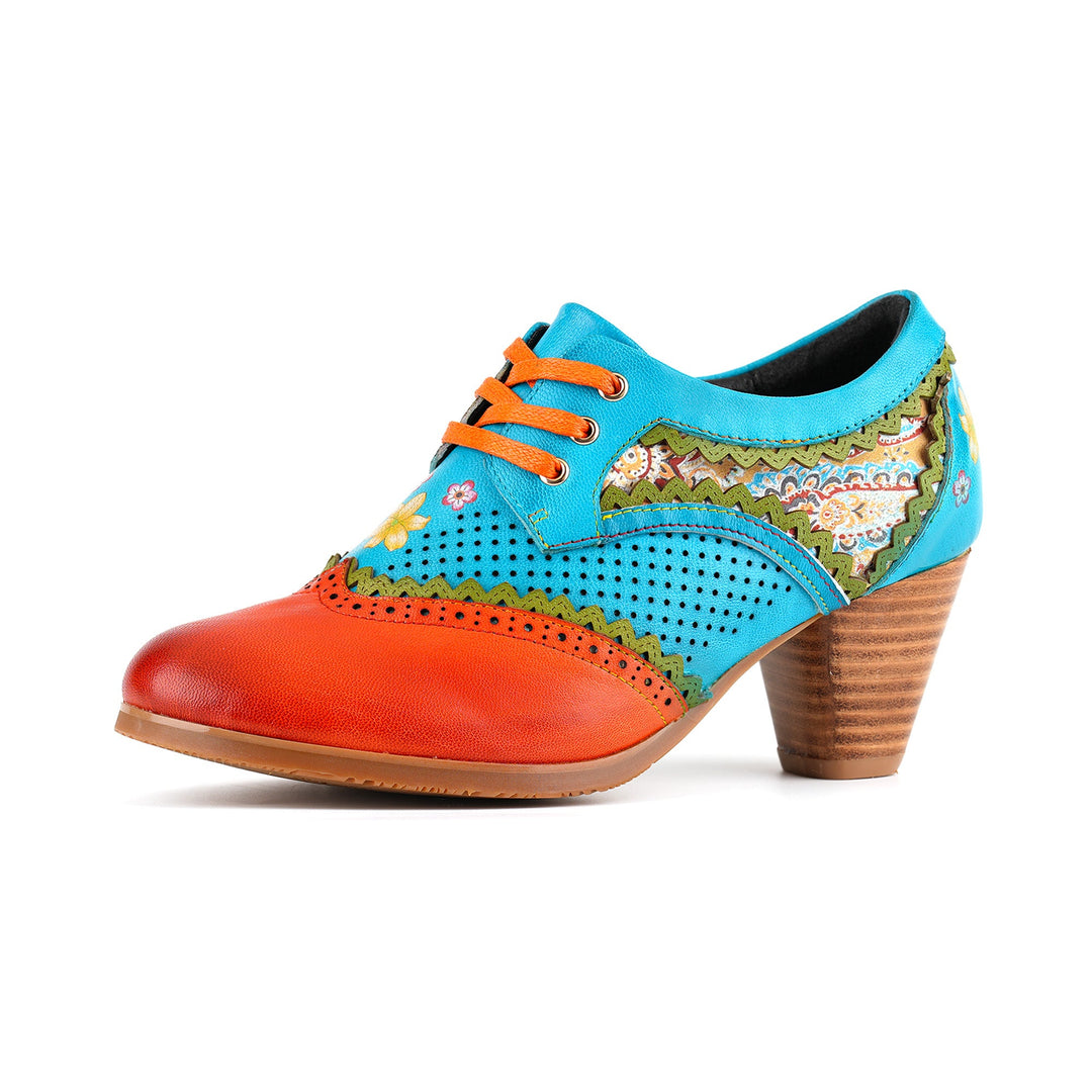 Bohemian Perforated Mid-Heel Oxfords