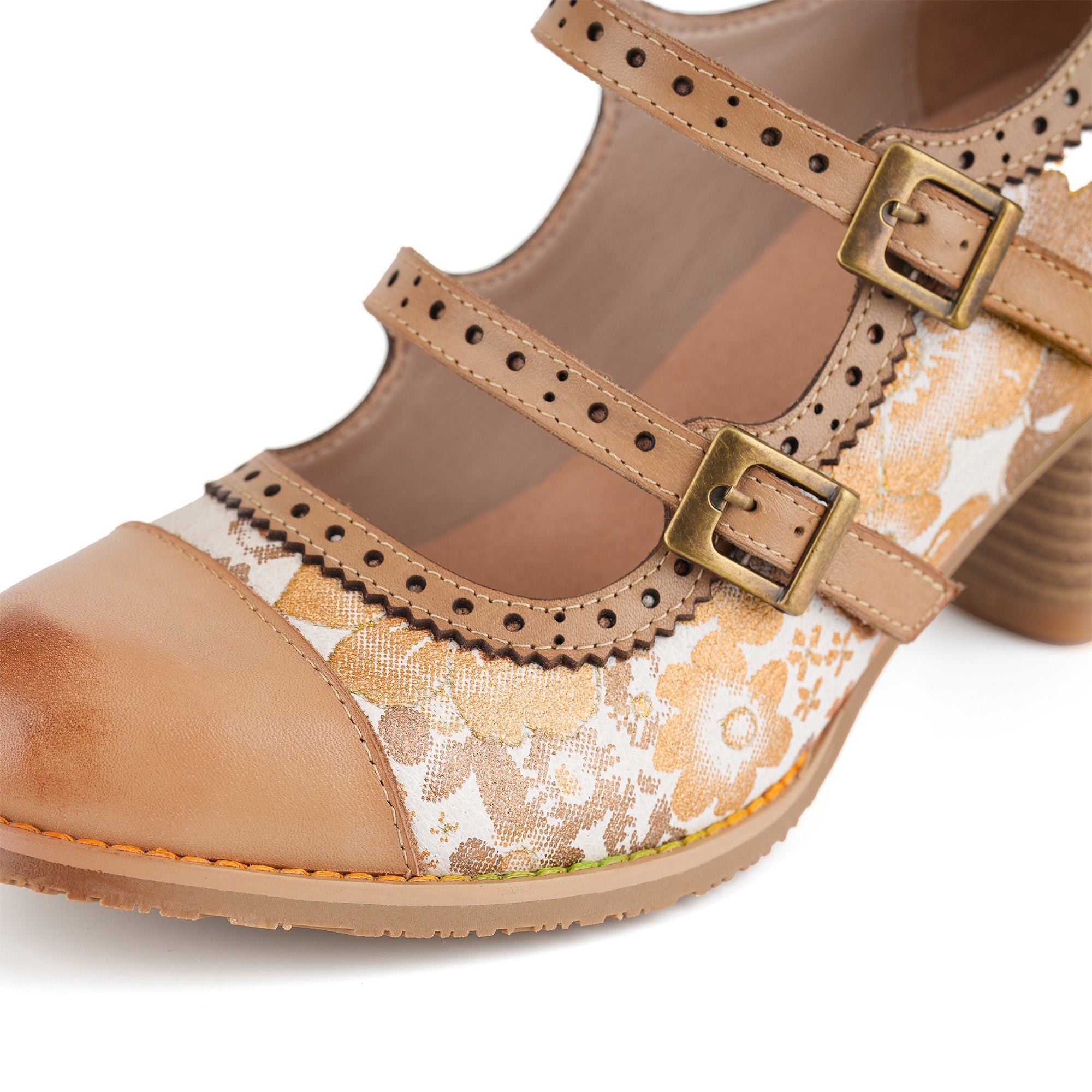 Floral Double Buckle Straps Mary Jane Shoes