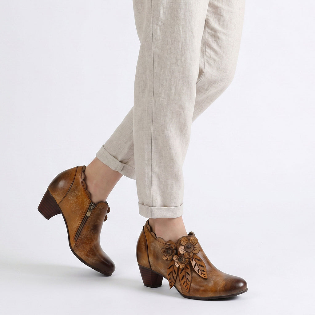Retro Handmade Floral Leather Low-Heel Pumps
