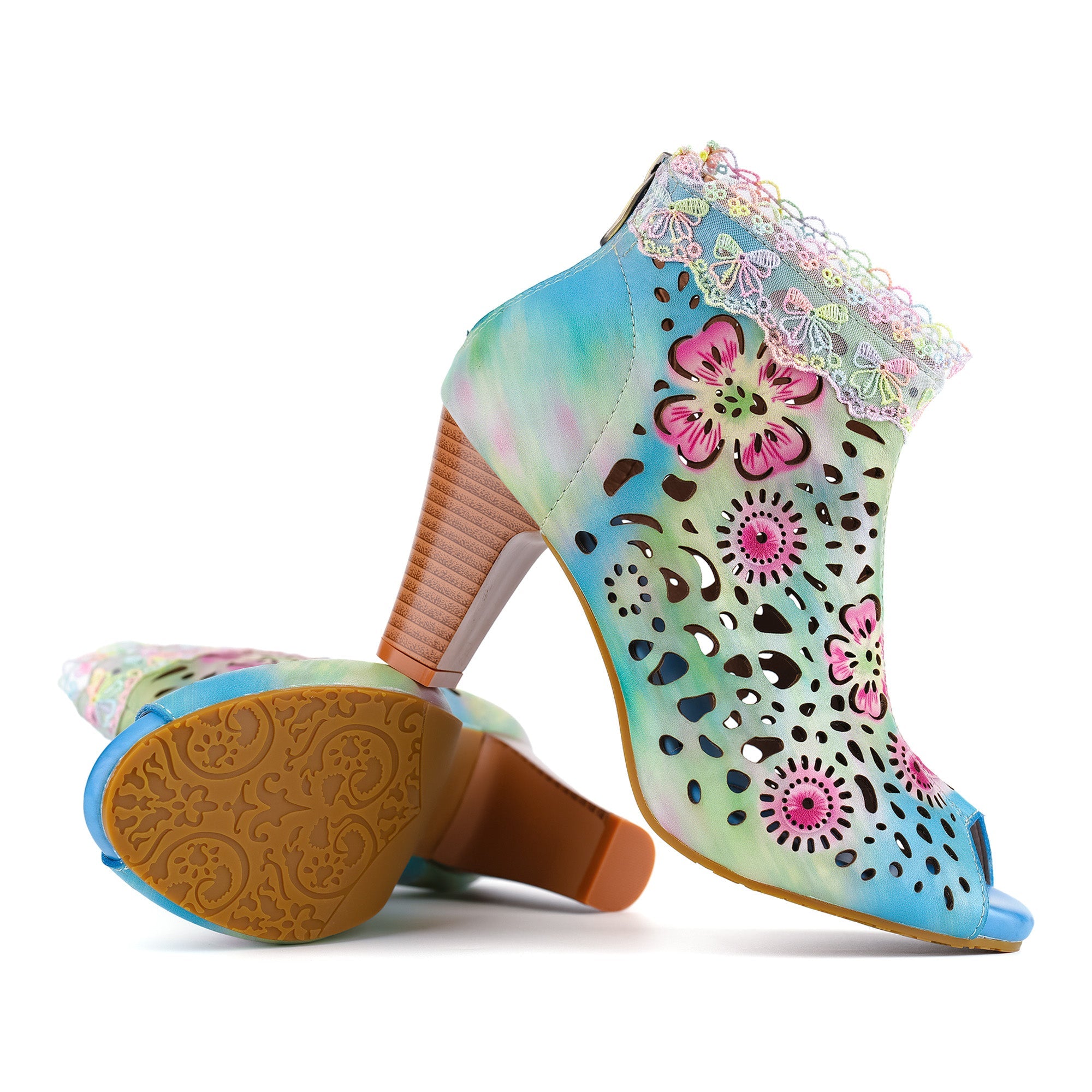 Gradient Floral Cutout Lace Trim Sandals