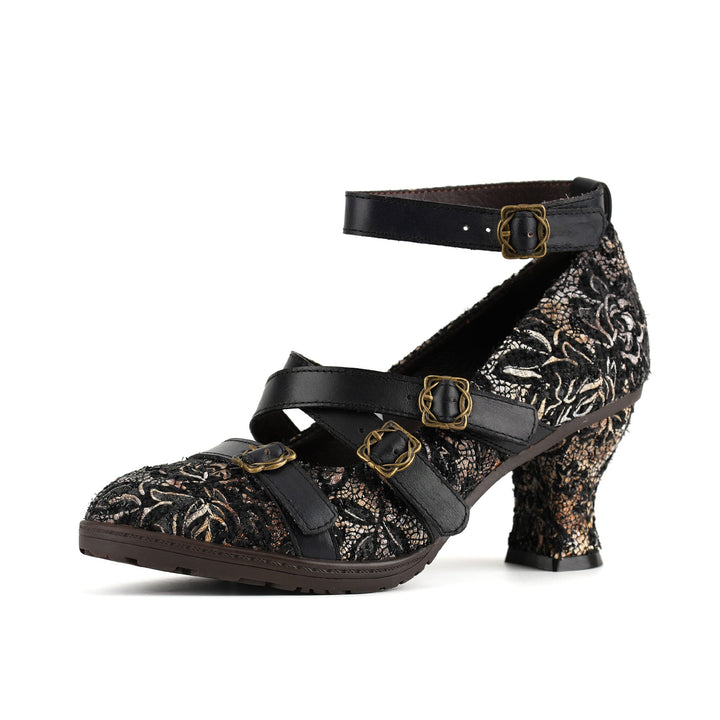Vintage Lace Buckle Heeled Pumps