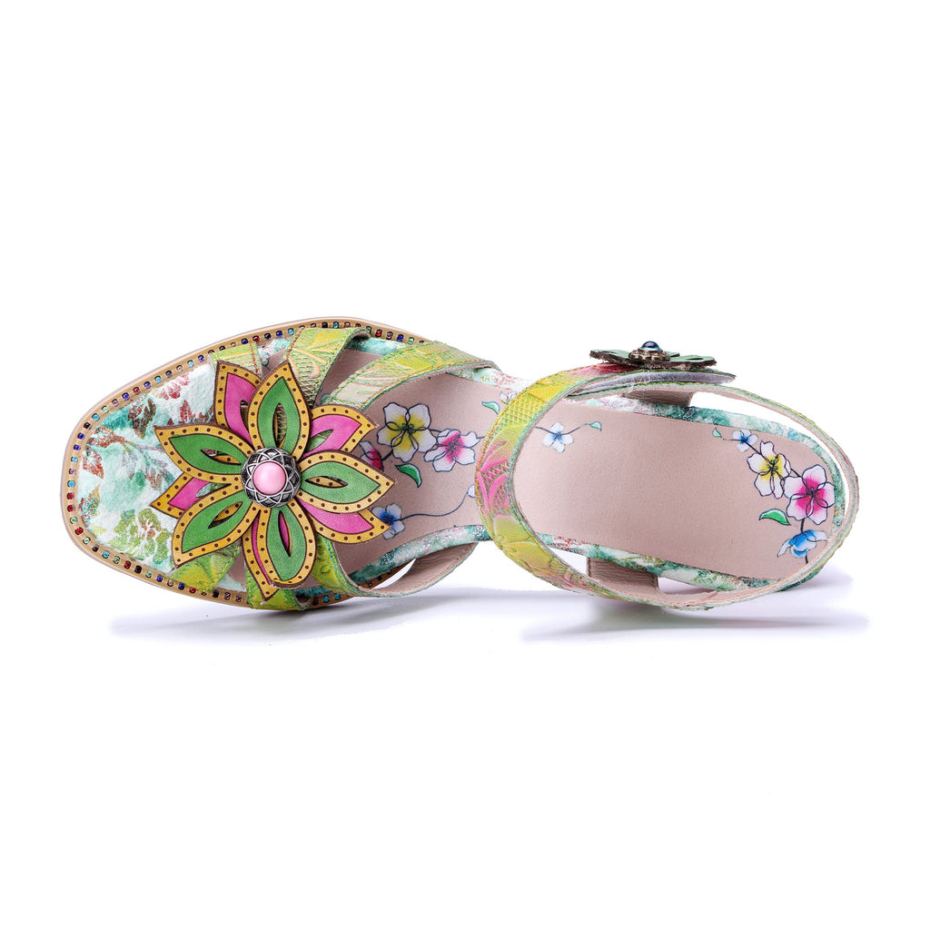 Green Floral 3D Leaf Accent Open-Toe Sandals