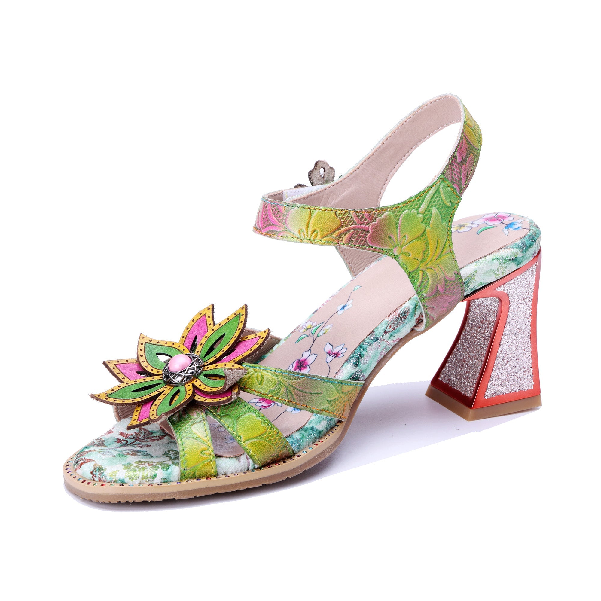 Green Floral 3D Leaf Accent Open-Toe Sandals