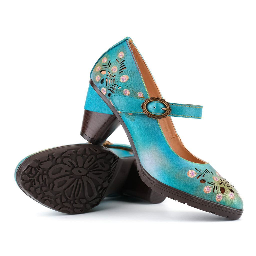 Peacock-Inspired Leather Mary Jane Pumps
