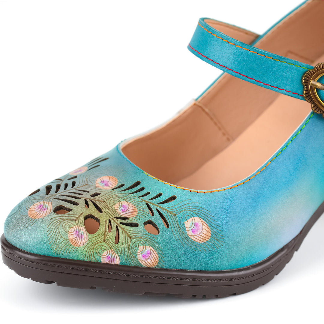 Peacock-Inspired Leather Mary Jane Pumps