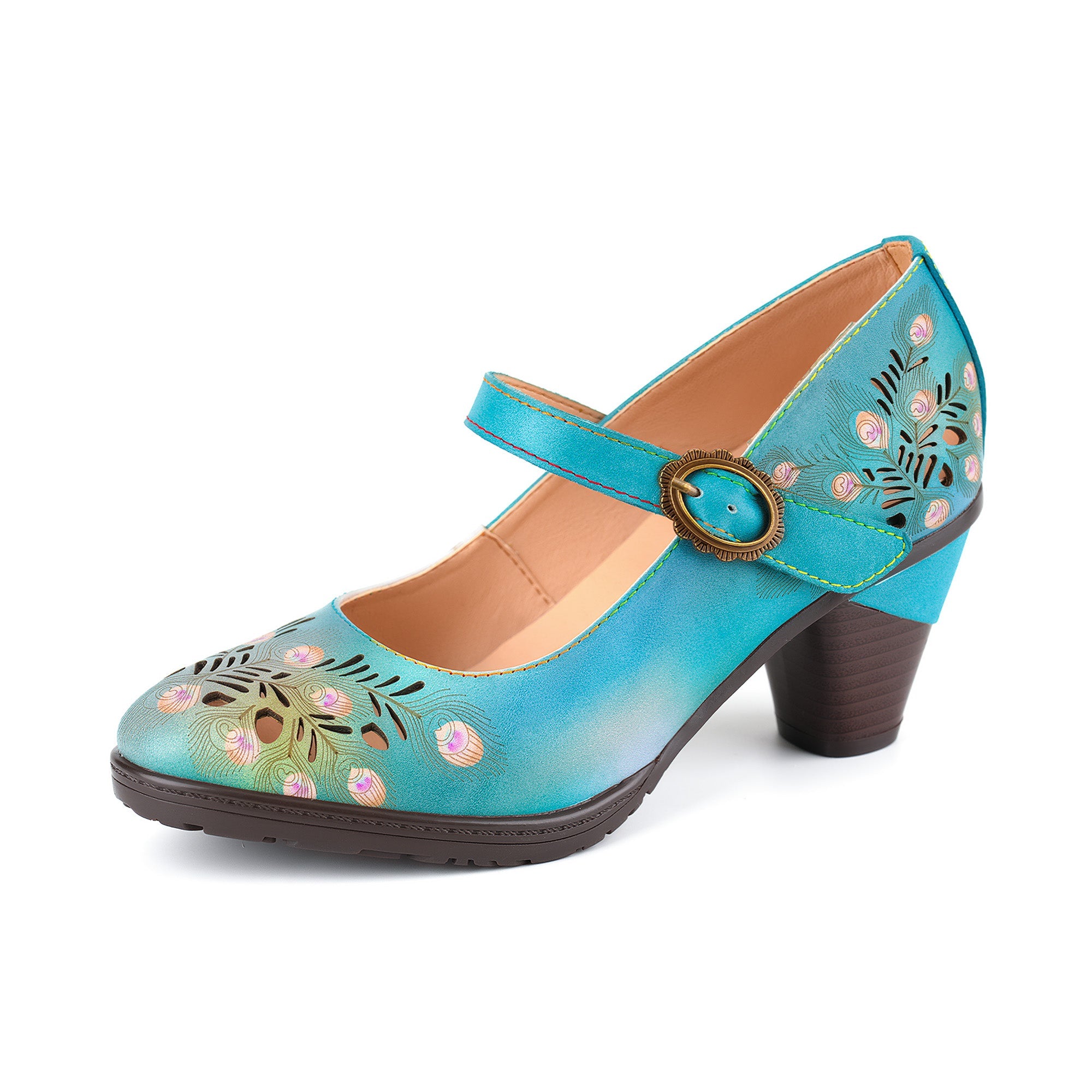Peacock-Inspired Leather Mary Jane Pumps