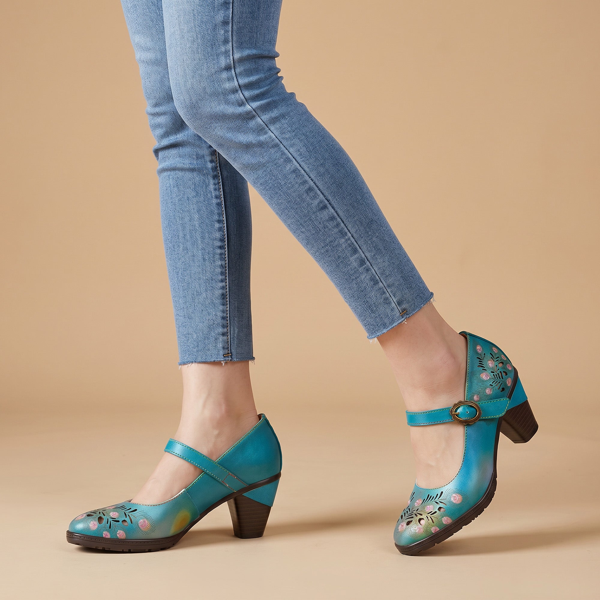 Peacock-Inspired Leather Mary Jane Pumps