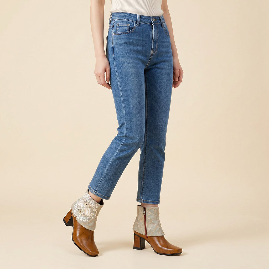 Embroidered Foldover Ankle Boots