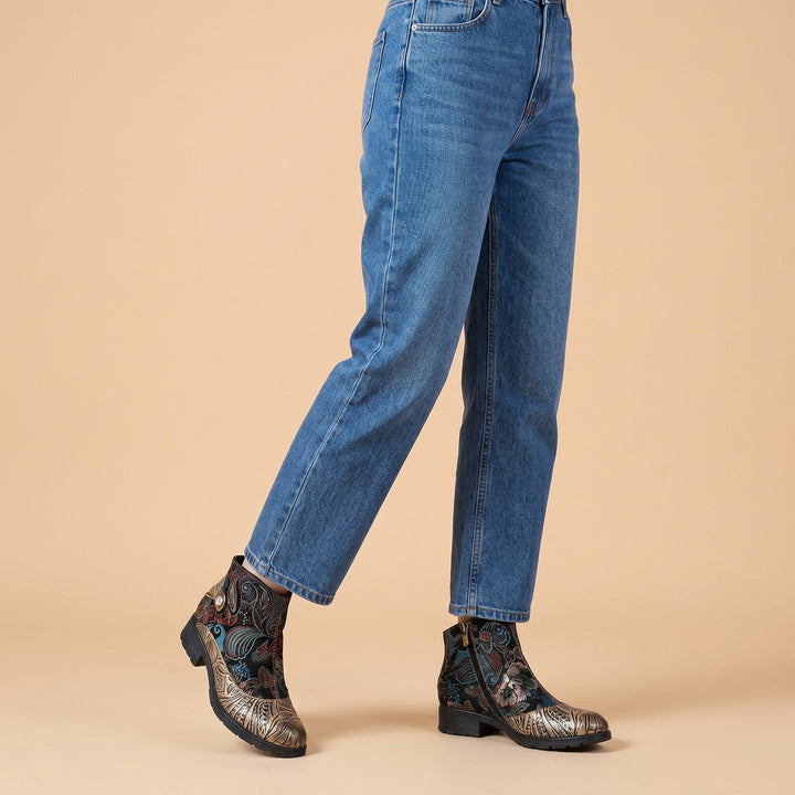 Genuine Leather Embroidered Comfy Flat Ankle Boots