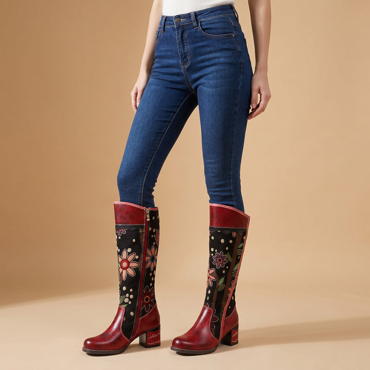 Bohemian Leather Block Heel Long Boots Exotic Pattern