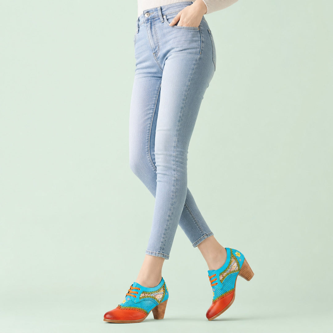 Bohemian Perforated Mid-Heel Oxfords
