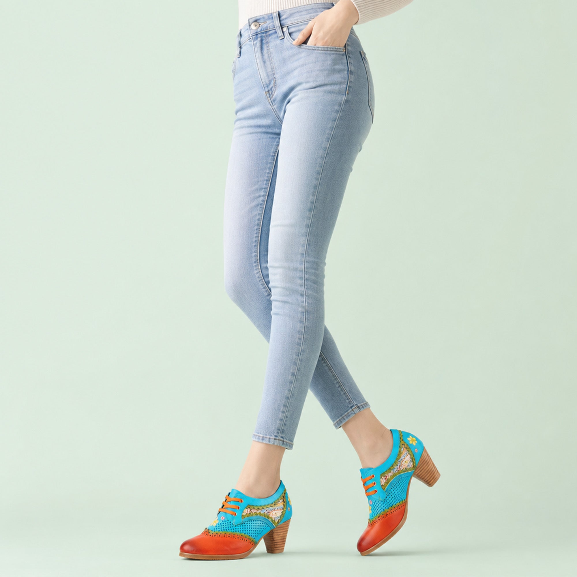 Bohemian Perforated Mid-Heel Oxfords