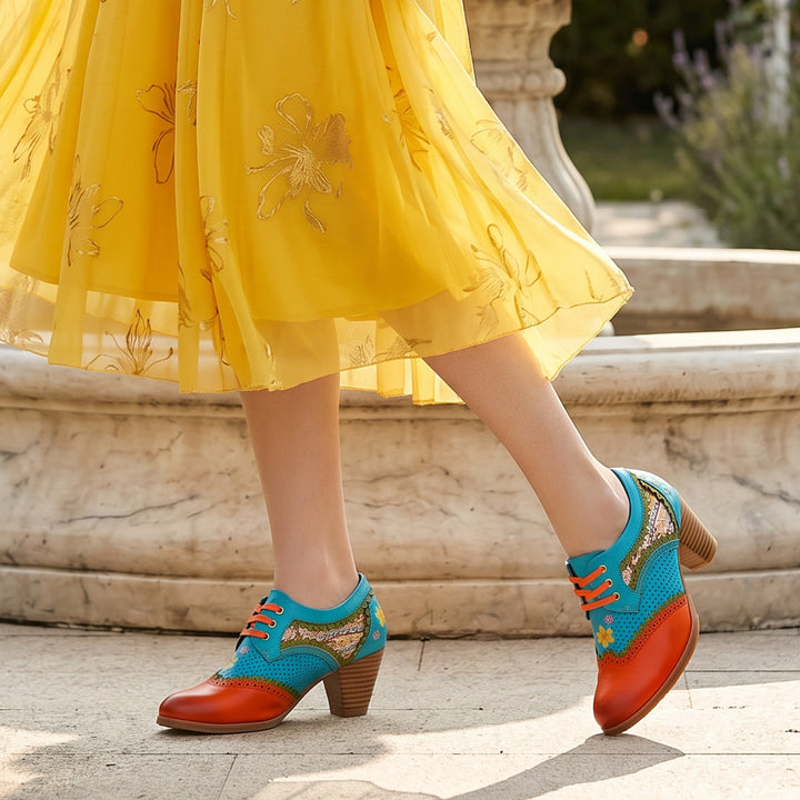 Bohemian Perforated Mid-Heel Oxfords