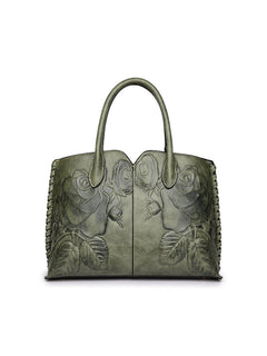 Green embossed rose vegan leather tote bag, front view