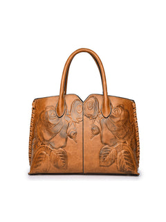 Brown embossed rose vegan leather tote bag, front view