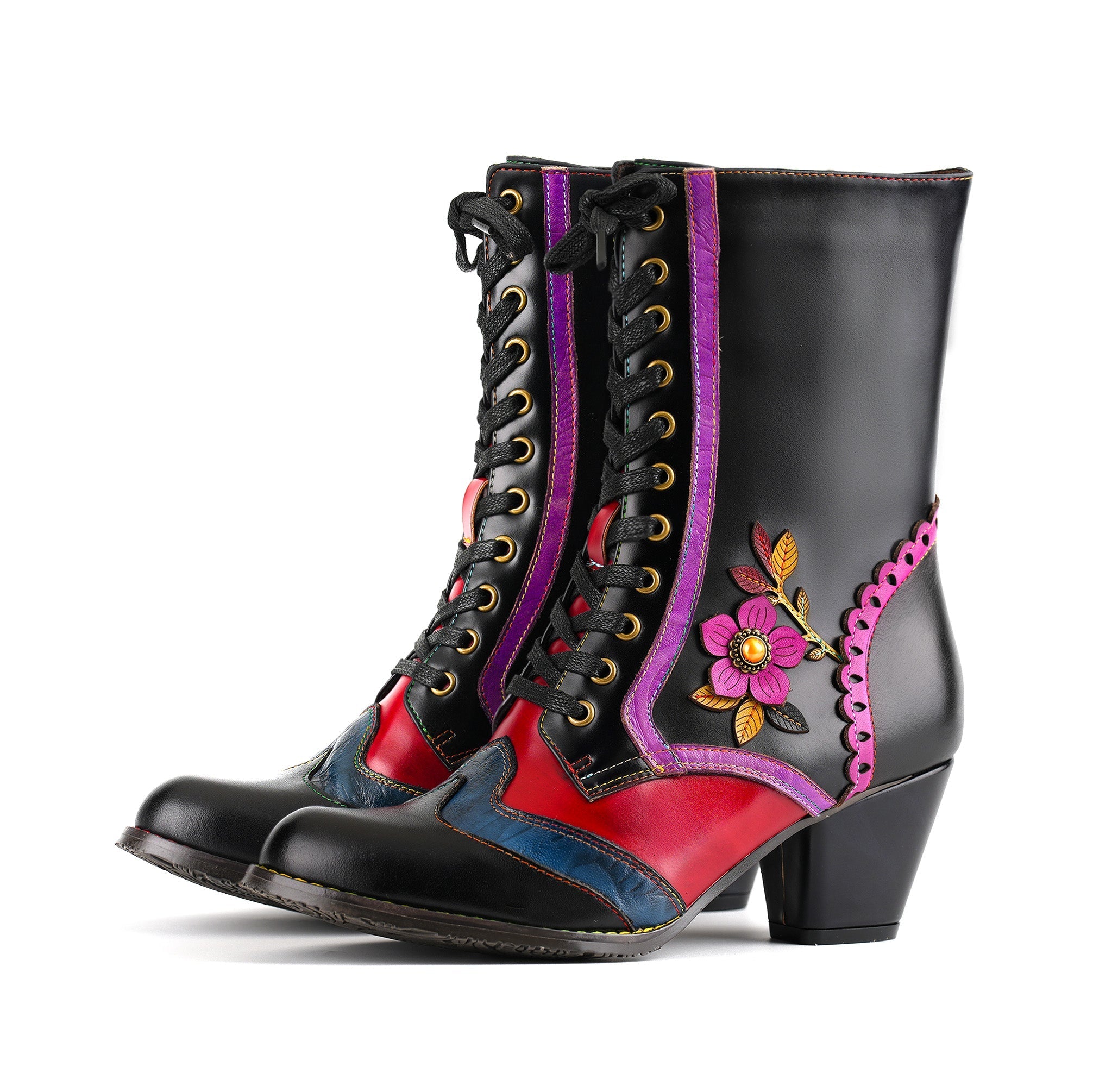 Vintage Crimson Bloom Ankle Boots